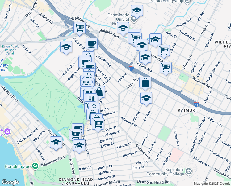 map of restaurants, bars, coffee shops, grocery stores, and more near 3278 Mokihana Street in Honolulu