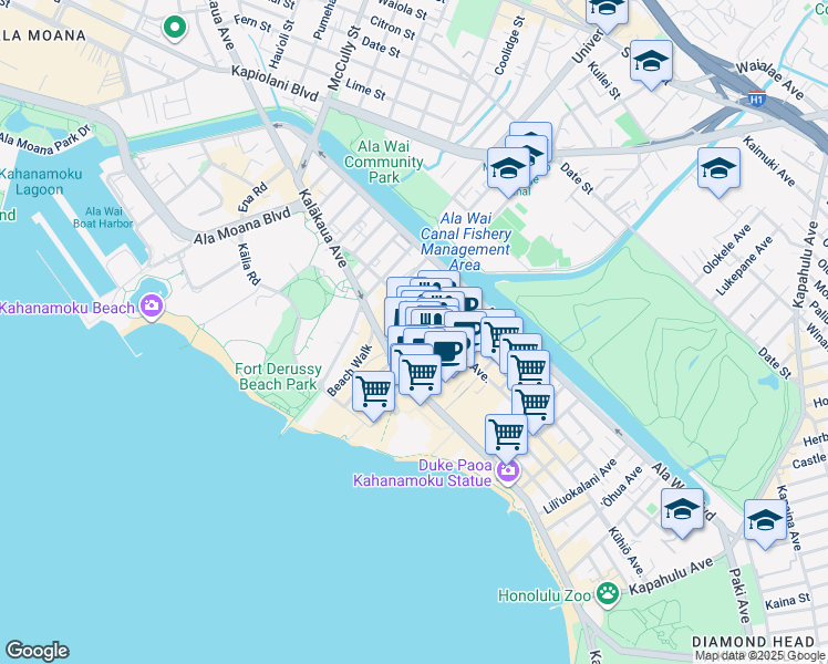 map of restaurants, bars, coffee shops, grocery stores, and more near 330 Royal Hawaiian Avenue in Honolulu