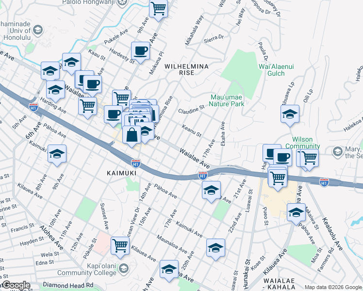 map of restaurants, bars, coffee shops, grocery stores, and more near 1148 15th Avenue in Honolulu