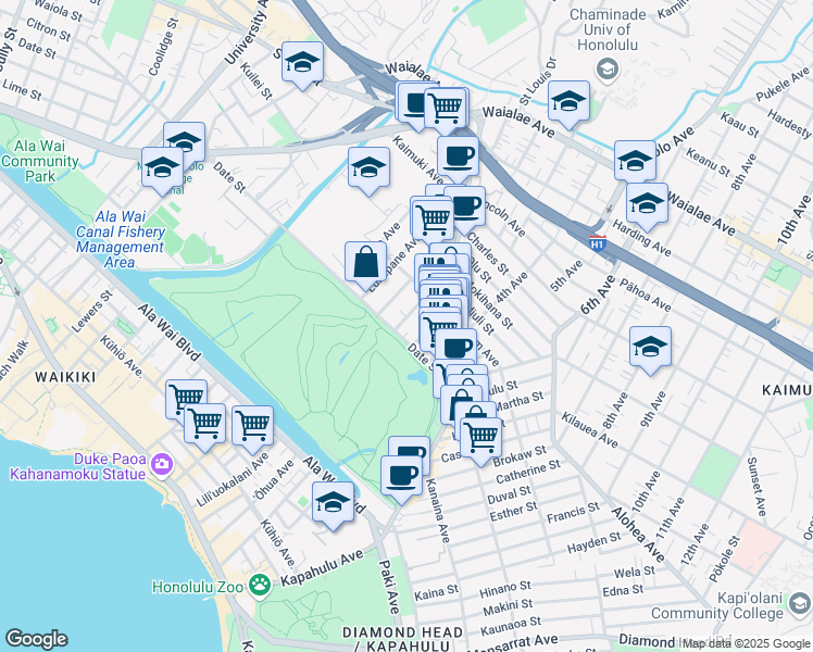 map of restaurants, bars, coffee shops, grocery stores, and more near 711 Makaleka Avenue in Honolulu