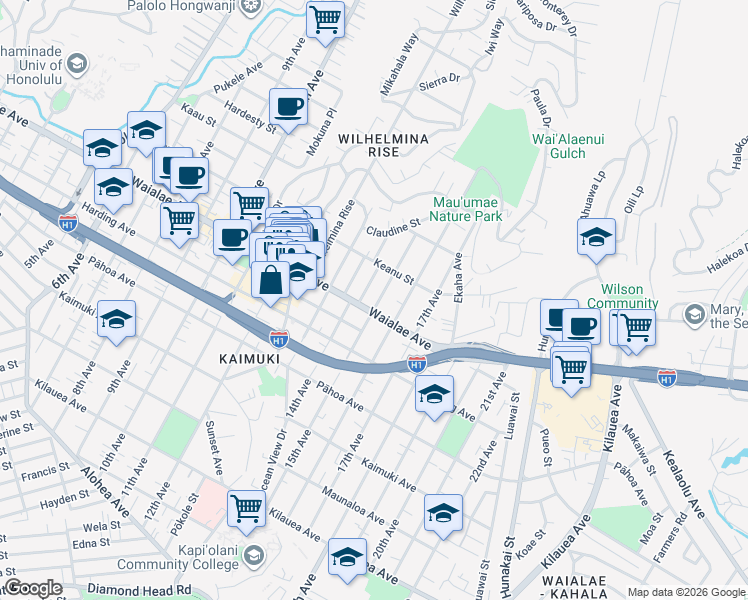 map of restaurants, bars, coffee shops, grocery stores, and more near 1148 15th Avenue in Honolulu