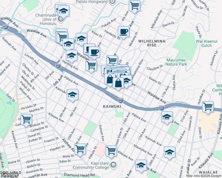 map of restaurants, bars, coffee shops, grocery stores, and more near 1043 12th Avenue in Honolulu