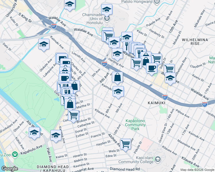 map of restaurants, bars, coffee shops, grocery stores, and more near 847 7th Avenue in Honolulu