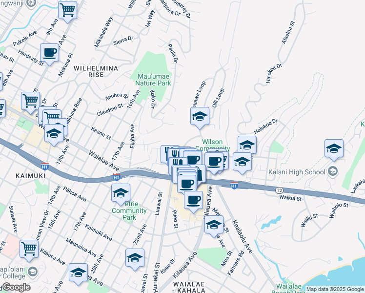 map of restaurants, bars, coffee shops, grocery stores, and more near 4185 Keanu Street in Honolulu