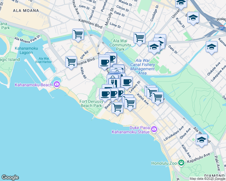 map of restaurants, bars, coffee shops, grocery stores, and more near in Honolulu