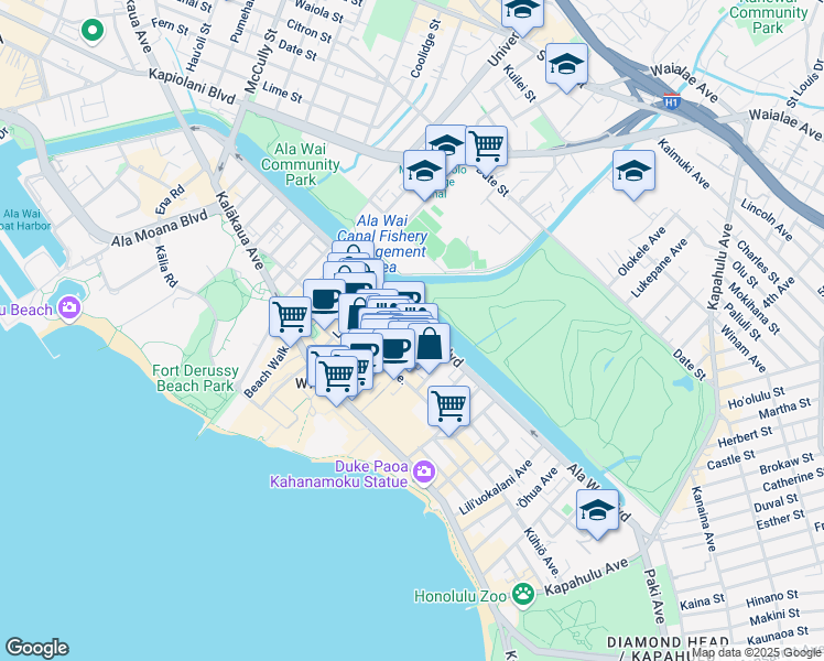 map of restaurants, bars, coffee shops, grocery stores, and more near 2233 Ala Wai Boulevard in Honolulu