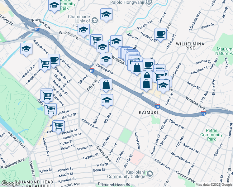 map of restaurants, bars, coffee shops, grocery stores, and more near 3420 Pāhoa Avenue in Honolulu