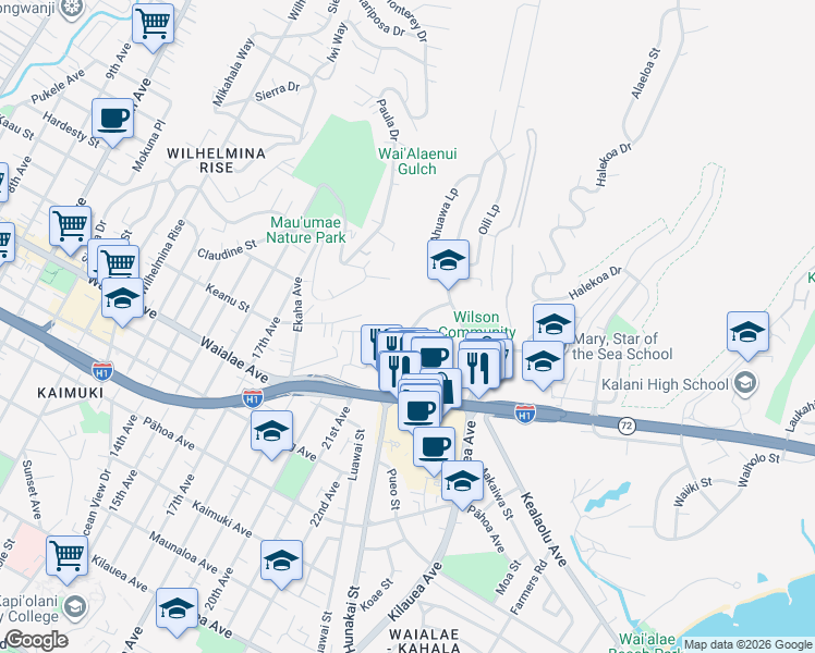 map of restaurants, bars, coffee shops, grocery stores, and more near 1441 Hunakai Street in Honolulu