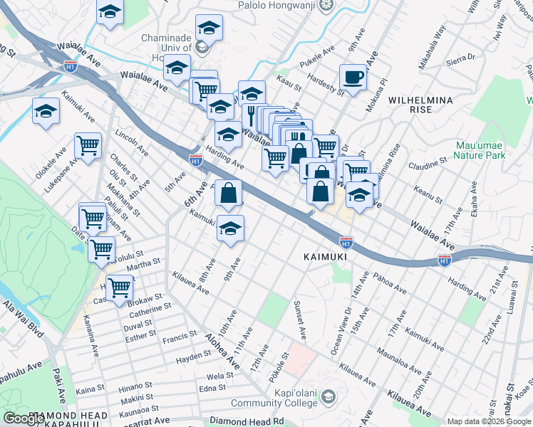 map of restaurants, bars, coffee shops, grocery stores, and more near 3420 Pāhoa Avenue in Honolulu