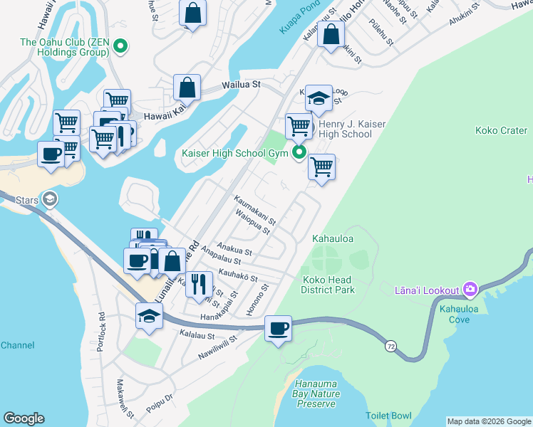 map of restaurants, bars, coffee shops, grocery stores, and more near 393 Auhea Place in Honolulu