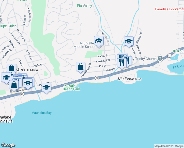 map of restaurants, bars, coffee shops, grocery stores, and more near 5505 Pia Street in Honolulu