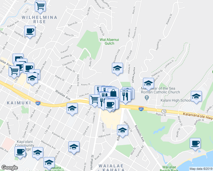 map of restaurants, bars, coffee shops, grocery stores, and more near 4958 Kilauea Avenue in Honolulu