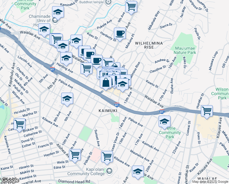 map of restaurants, bars, coffee shops, grocery stores, and more near 1150 12th Avenue in Honolulu