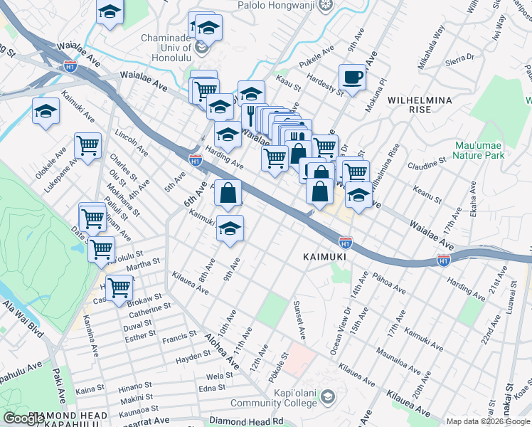 map of restaurants, bars, coffee shops, grocery stores, and more near 3420 Pāhoa Avenue in Honolulu