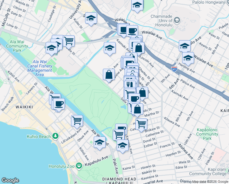 map of restaurants, bars, coffee shops, grocery stores, and more near 718 Ekela Avenue in Honolulu