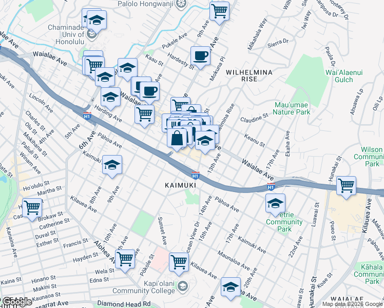 map of restaurants, bars, coffee shops, grocery stores, and more near 1150 12th Avenue in Honolulu