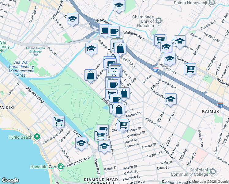map of restaurants, bars, coffee shops, grocery stores, and more near 3121 Paliuli Street in Honolulu