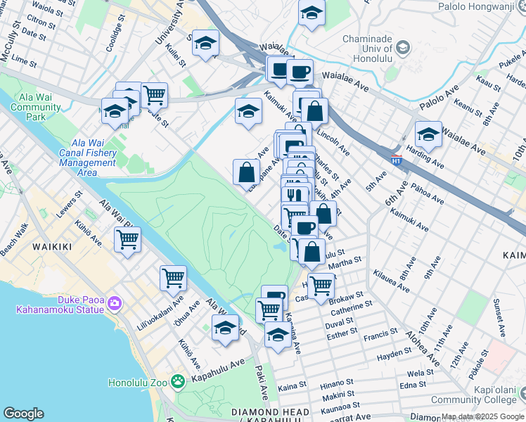 map of restaurants, bars, coffee shops, grocery stores, and more near 2916 Date Street in Honolulu