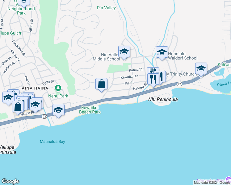 map of restaurants, bars, coffee shops, grocery stores, and more near 5537 Haleola Street in Honolulu