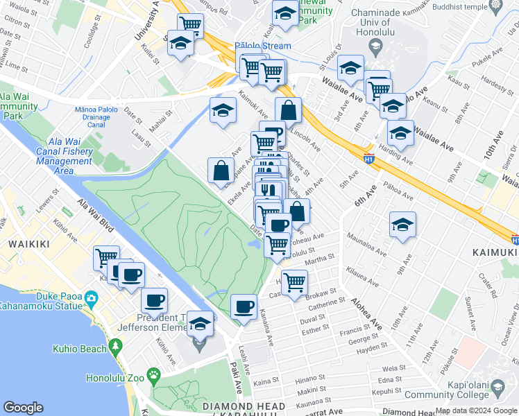 map of restaurants, bars, coffee shops, grocery stores, and more near 745 Makaleka Avenue in Honolulu