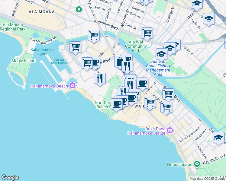 map of restaurants, bars, coffee shops, grocery stores, and more near Kālia Road in Honolulu