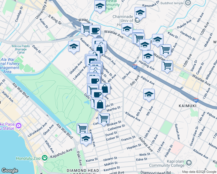map of restaurants, bars, coffee shops, grocery stores, and more near 3217 Mokihana Street in Honolulu