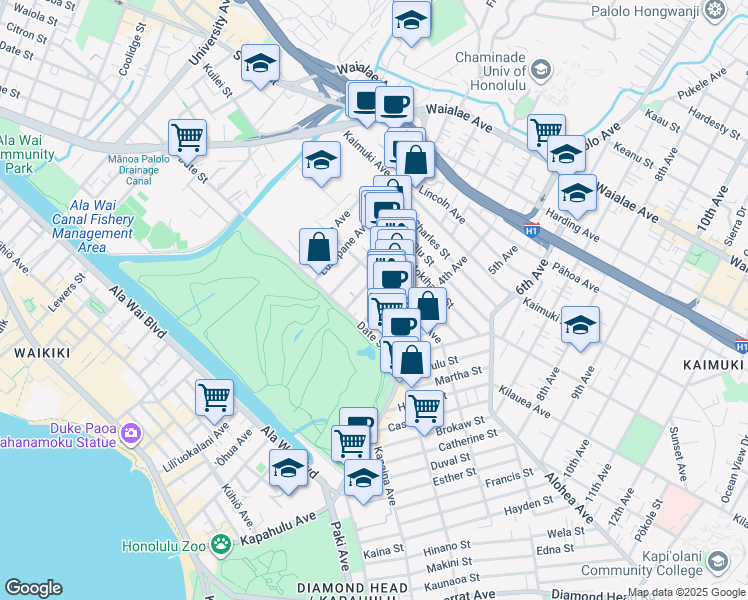 map of restaurants, bars, coffee shops, grocery stores, and more near 745 Makaleka Avenue in Honolulu