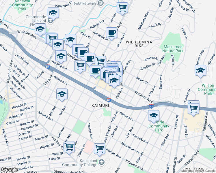 map of restaurants, bars, coffee shops, grocery stores, and more near 1152 Koko Head Avenue in Honolulu