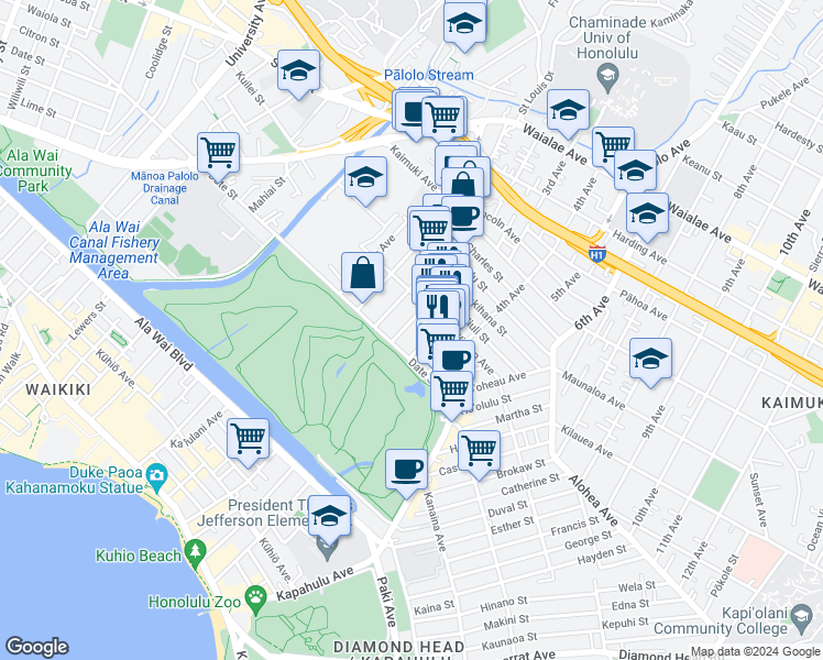 map of restaurants, bars, coffee shops, grocery stores, and more near 745 Makaleka Avenue in Honolulu
