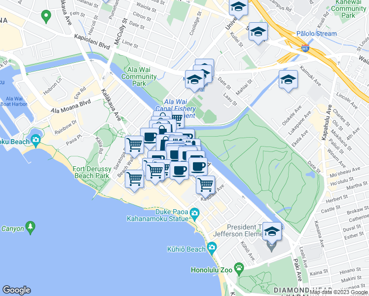 map of restaurants, bars, coffee shops, grocery stores, and more near 2233 Ala Wai Boulevard in Honolulu