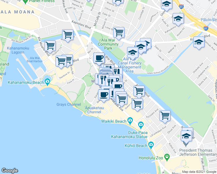 map of restaurants, bars, coffee shops, grocery stores, and more near 2100 Kalakaua Avenue in Honolulu