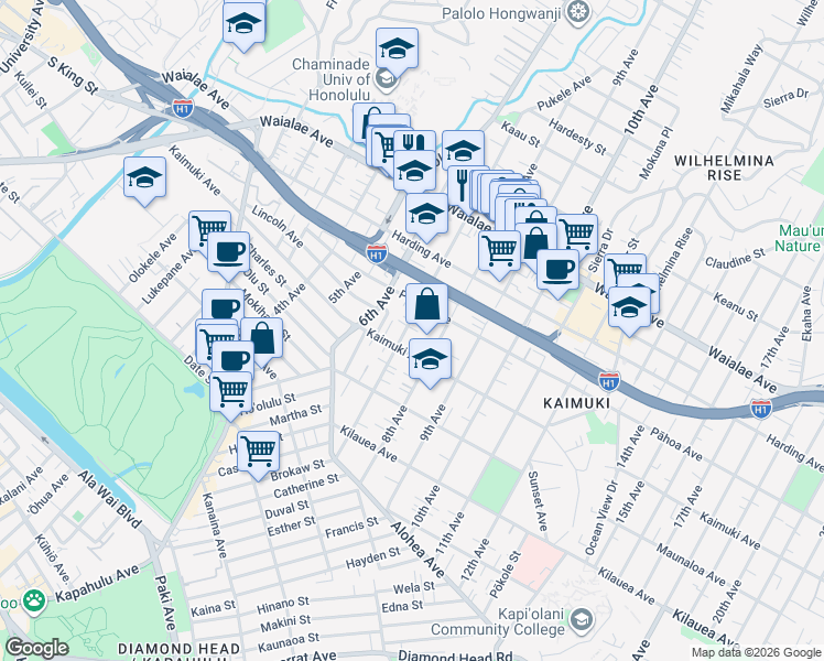 map of restaurants, bars, coffee shops, grocery stores, and more near 927 7th Avenue in Honolulu