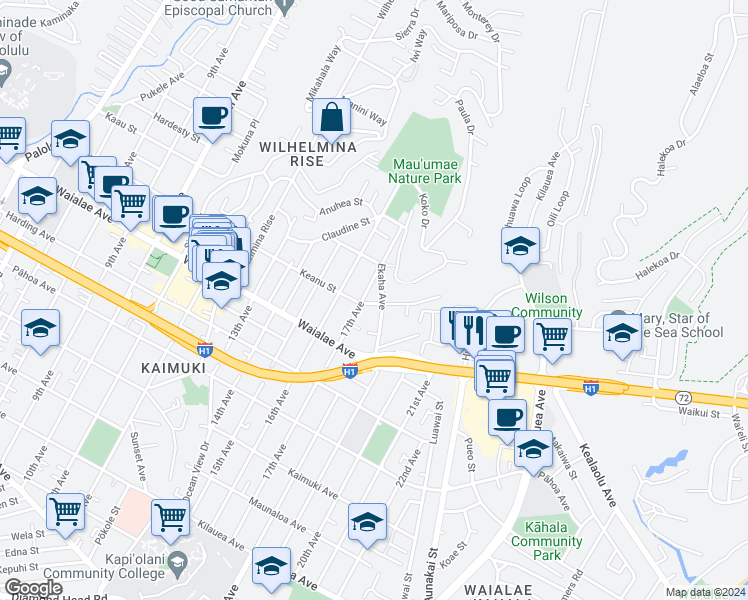 map of restaurants, bars, coffee shops, grocery stores, and more near 3916 Keanu Street in Honolulu