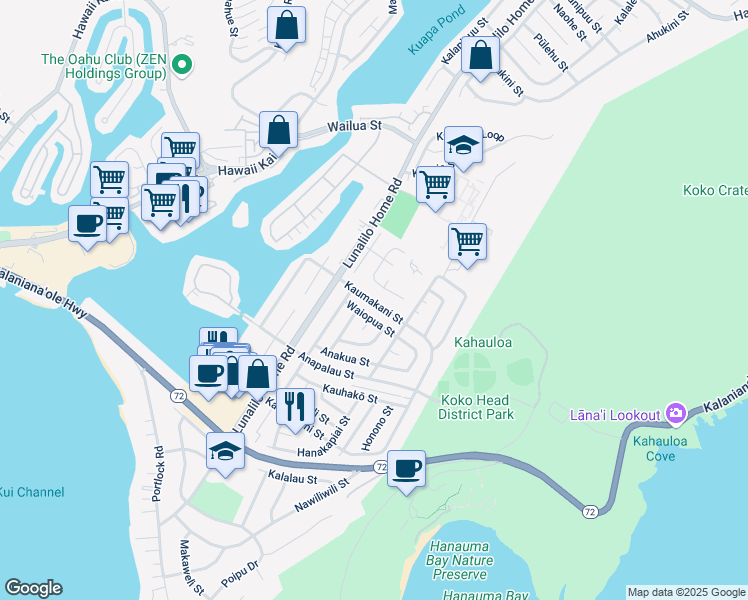 map of restaurants, bars, coffee shops, grocery stores, and more near 393 Auhea Place in Honolulu