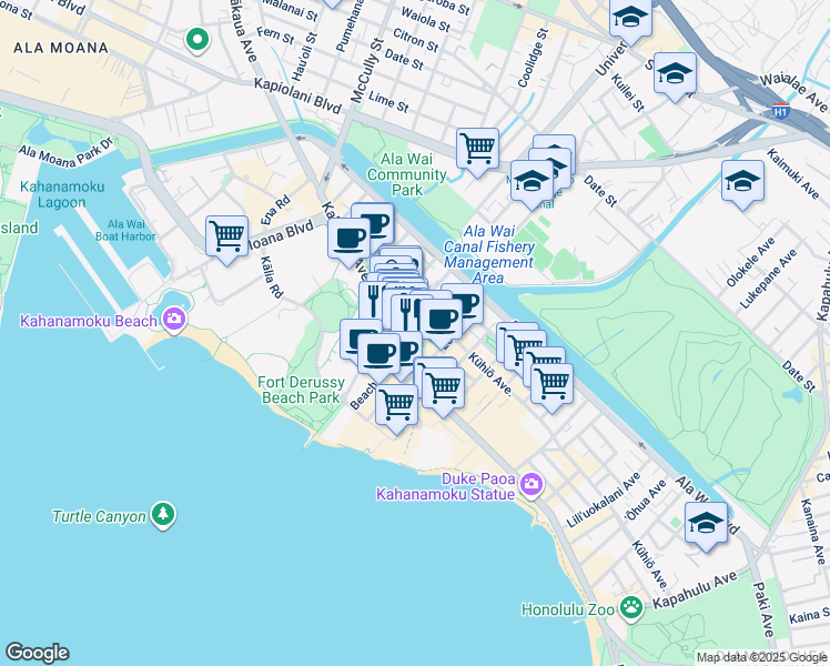 map of restaurants, bars, coffee shops, grocery stores, and more near 2100 Kalakaua Avenue in Honolulu