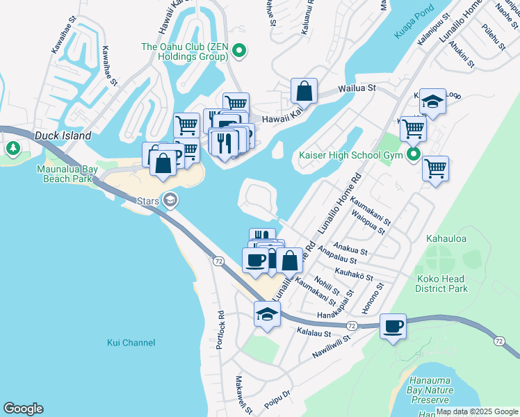 map of restaurants, bars, coffee shops, grocery stores, and more near 607 Koko Isle Circle in Honolulu