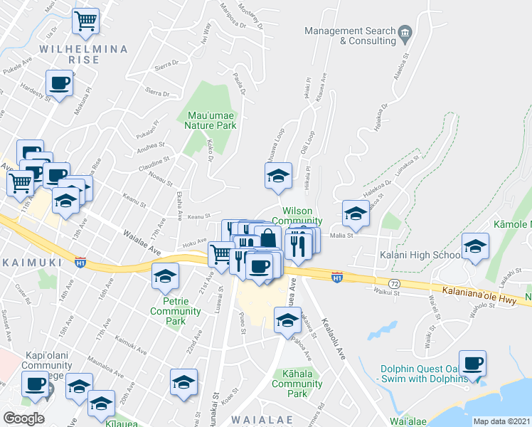 map of restaurants, bars, coffee shops, grocery stores, and more near 4958 Kilauea Avenue in Honolulu