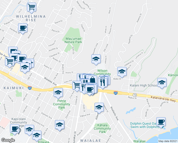 map of restaurants, bars, coffee shops, grocery stores, and more near 4958 Kilauea Avenue in Honolulu