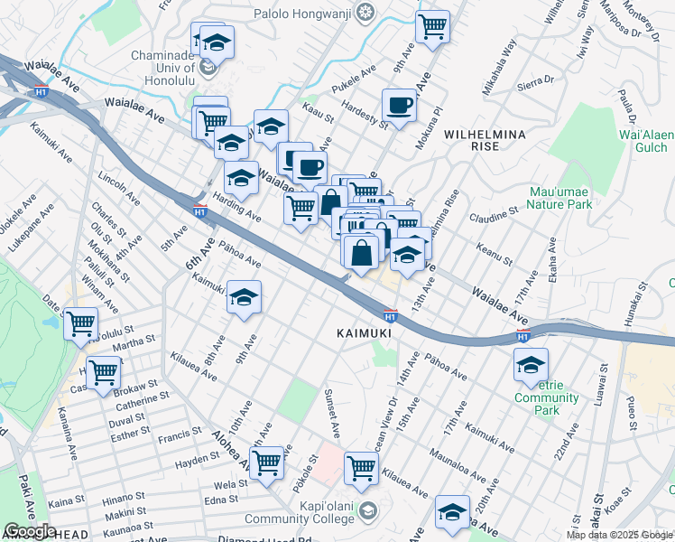 map of restaurants, bars, coffee shops, grocery stores, and more near 3518 Harding Avenue in Honolulu