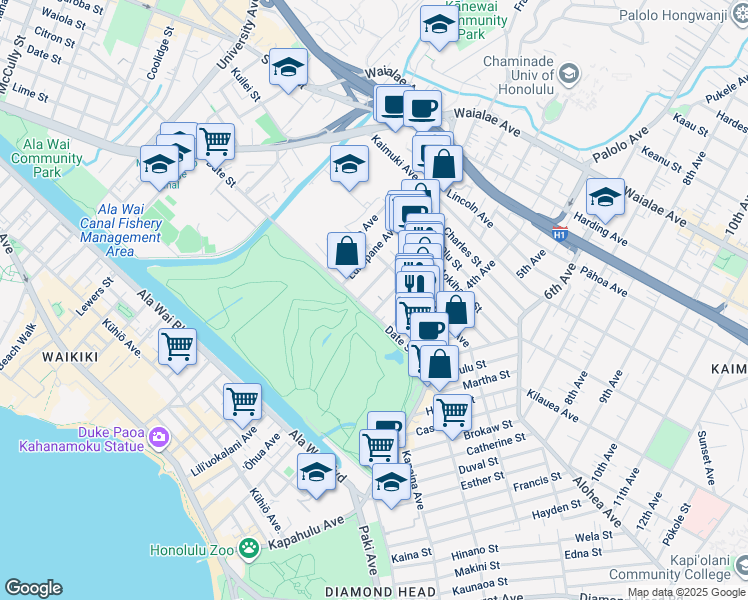 map of restaurants, bars, coffee shops, grocery stores, and more near 718 Ekela Avenue in Honolulu