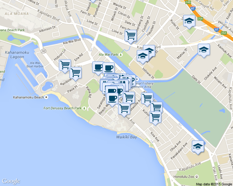 map of restaurants, bars, coffee shops, grocery stores, and more near 2100 Kalakaua Avenue in Honolulu
