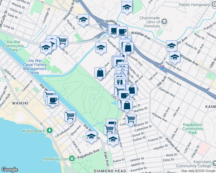 map of restaurants, bars, coffee shops, grocery stores, and more near 718 Ekela Avenue in Honolulu