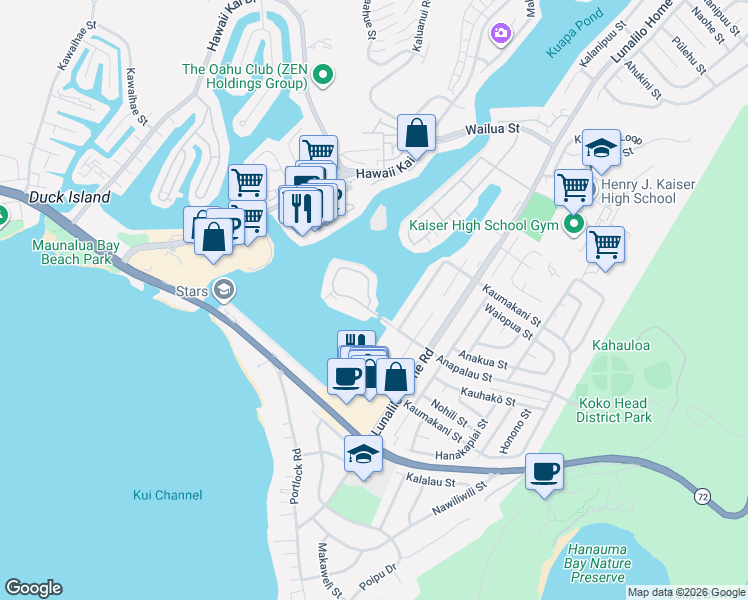 map of restaurants, bars, coffee shops, grocery stores, and more near 805 Koko Isle Circle in Honolulu