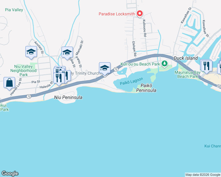 map of restaurants, bars, coffee shops, grocery stores, and more near 219 Paiko Drive in Honolulu
