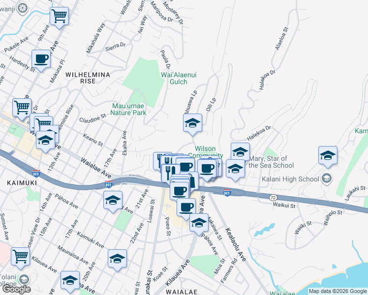 map of restaurants, bars, coffee shops, grocery stores, and more near 1441 Hunakai Street in Honolulu