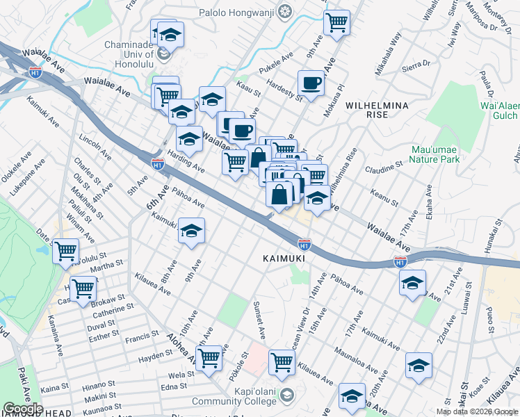 map of restaurants, bars, coffee shops, grocery stores, and more near 3518 Harding Avenue in Honolulu