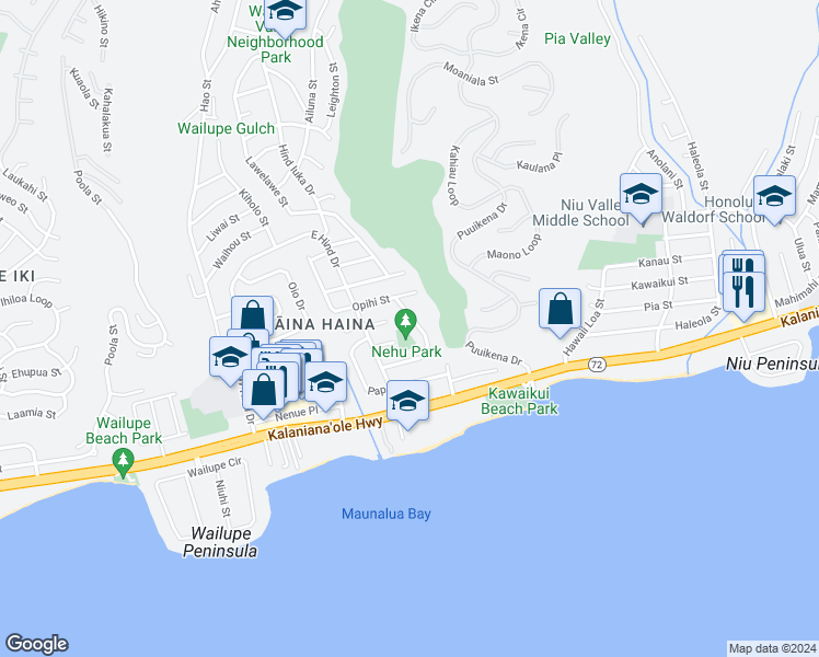 map of restaurants, bars, coffee shops, grocery stores, and more near 5410 Opihi Street in Honolulu