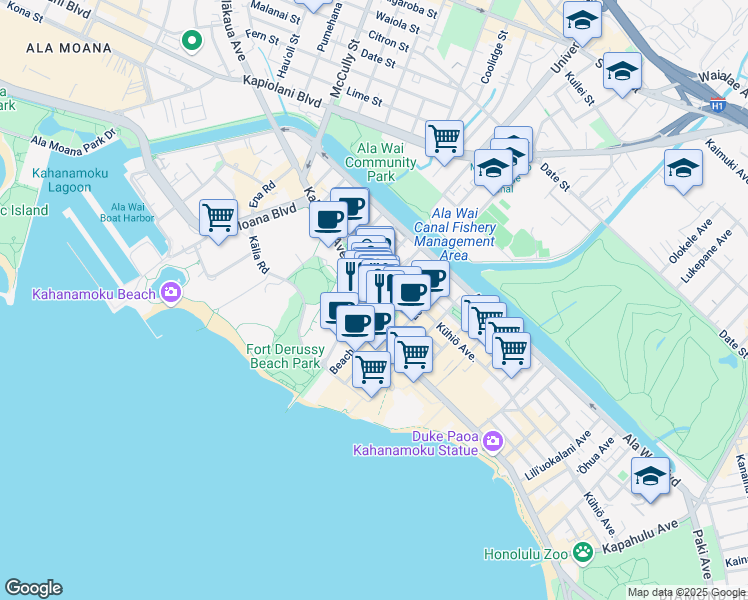 map of restaurants, bars, coffee shops, grocery stores, and more near 2120 Kalakaua Avenue in Honolulu