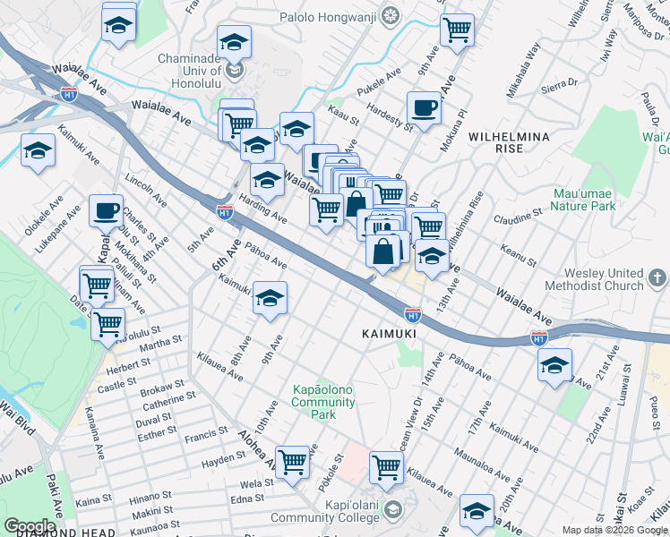map of restaurants, bars, coffee shops, grocery stores, and more near Lunalilo Freeway in Honolulu
