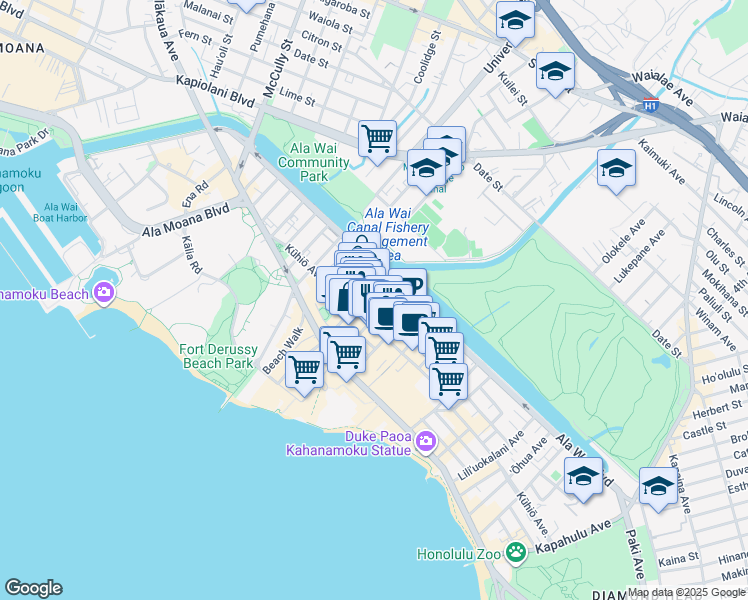 map of restaurants, bars, coffee shops, grocery stores, and more near 2214 Aloha Drive in Honolulu